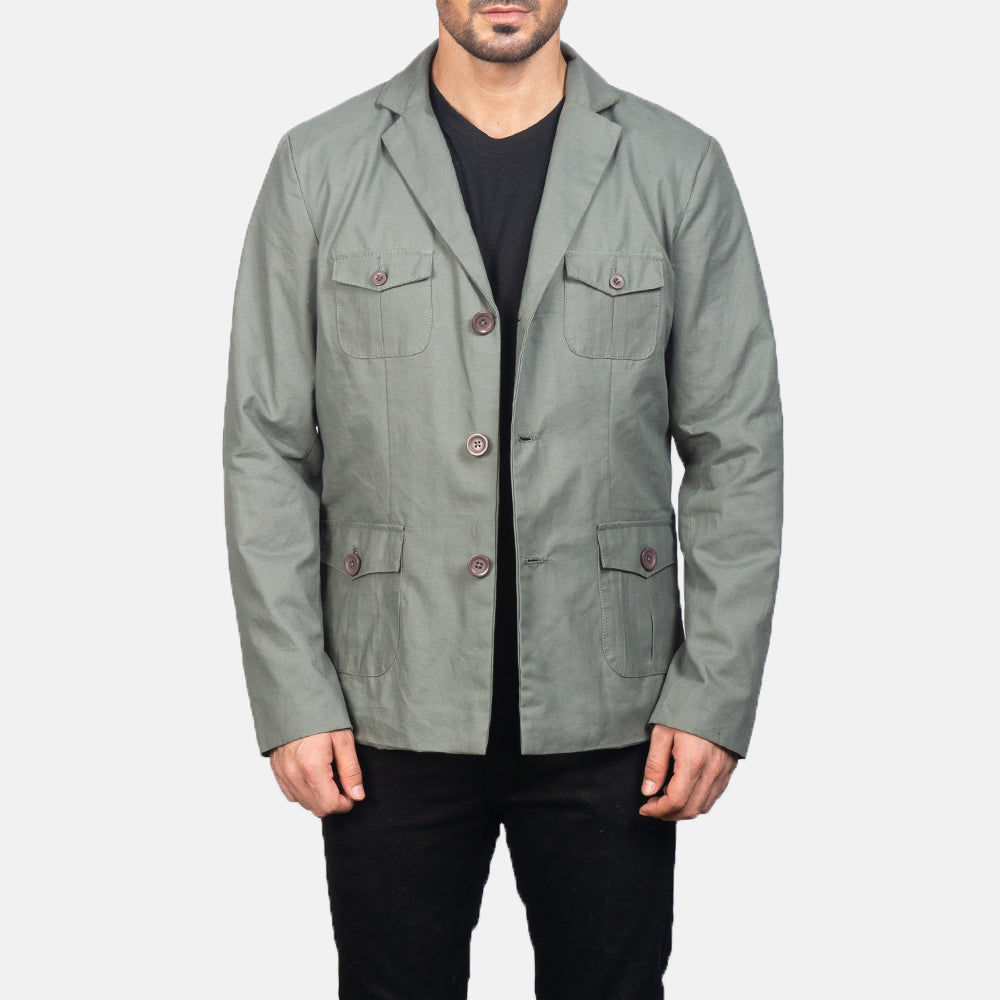 Kajetan Grey Safari Leren Jas voor Heren in Grey Poly-Cotton - Front Profile View &amp; Tailored Silhouette | Buy Online