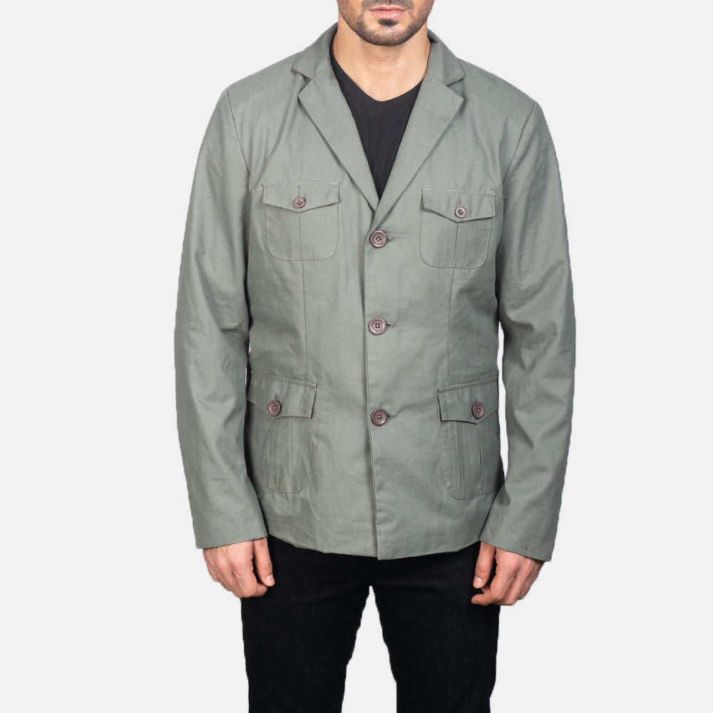Close-Up Detail of Notch &amp; Button Hardware on Kajetan Grey Safari Leren Jas voor Heren