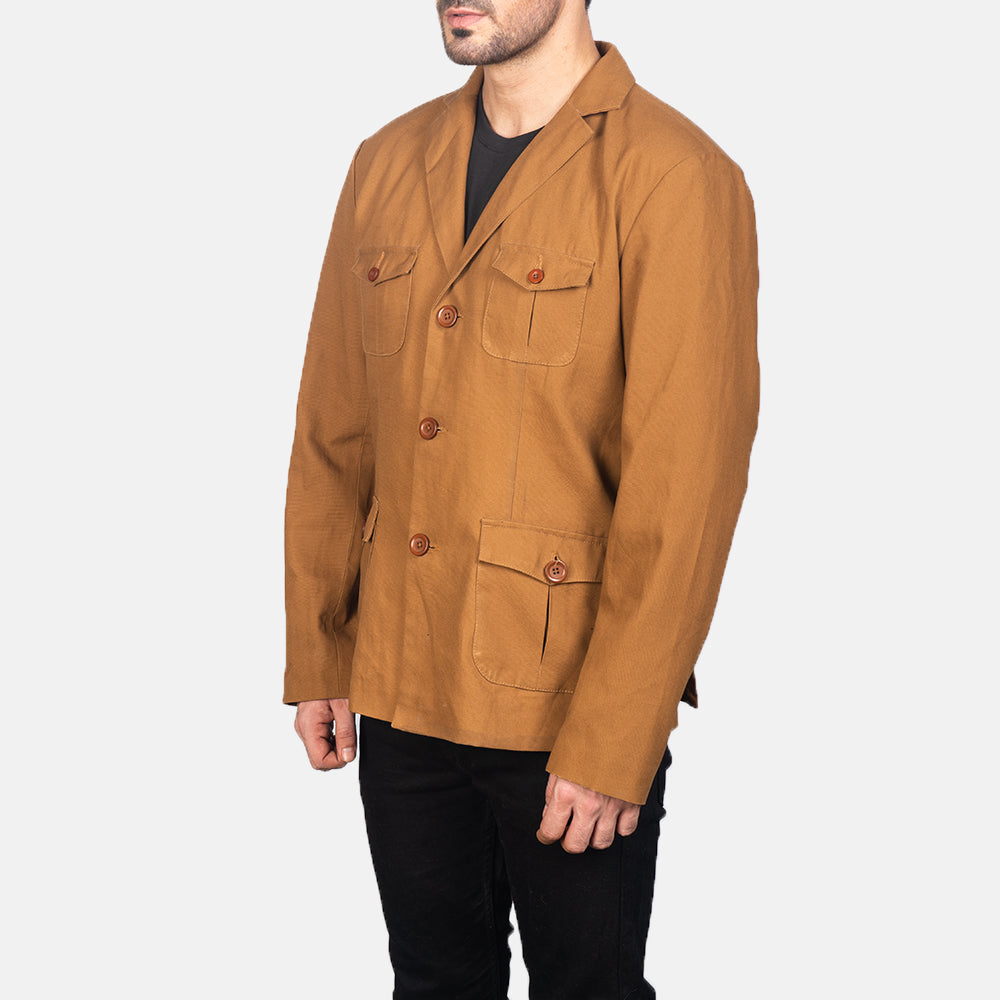 
Khaki Poly-Cotton Leather Blazer - Achteraanzicht met getailleerde schouders & strakke zoom