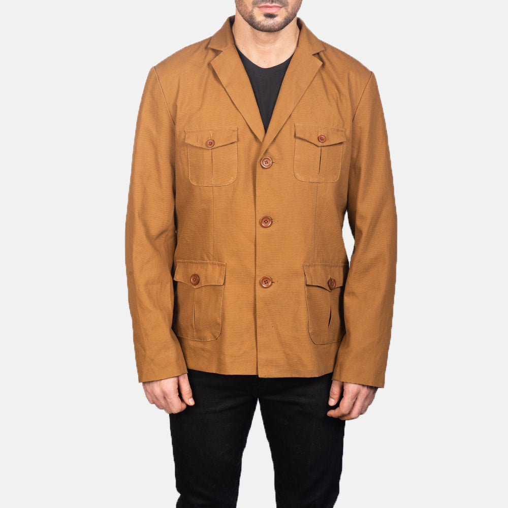 
Detailopname of Notch & Button Hardware on Kajetan Khaki Safari Leren Jas voor Heren