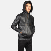 
Detailopname of Classic Collar & Heavy-Duty Zipper Hardware on Kenton Hooded Blue Suede Pullover Jacket