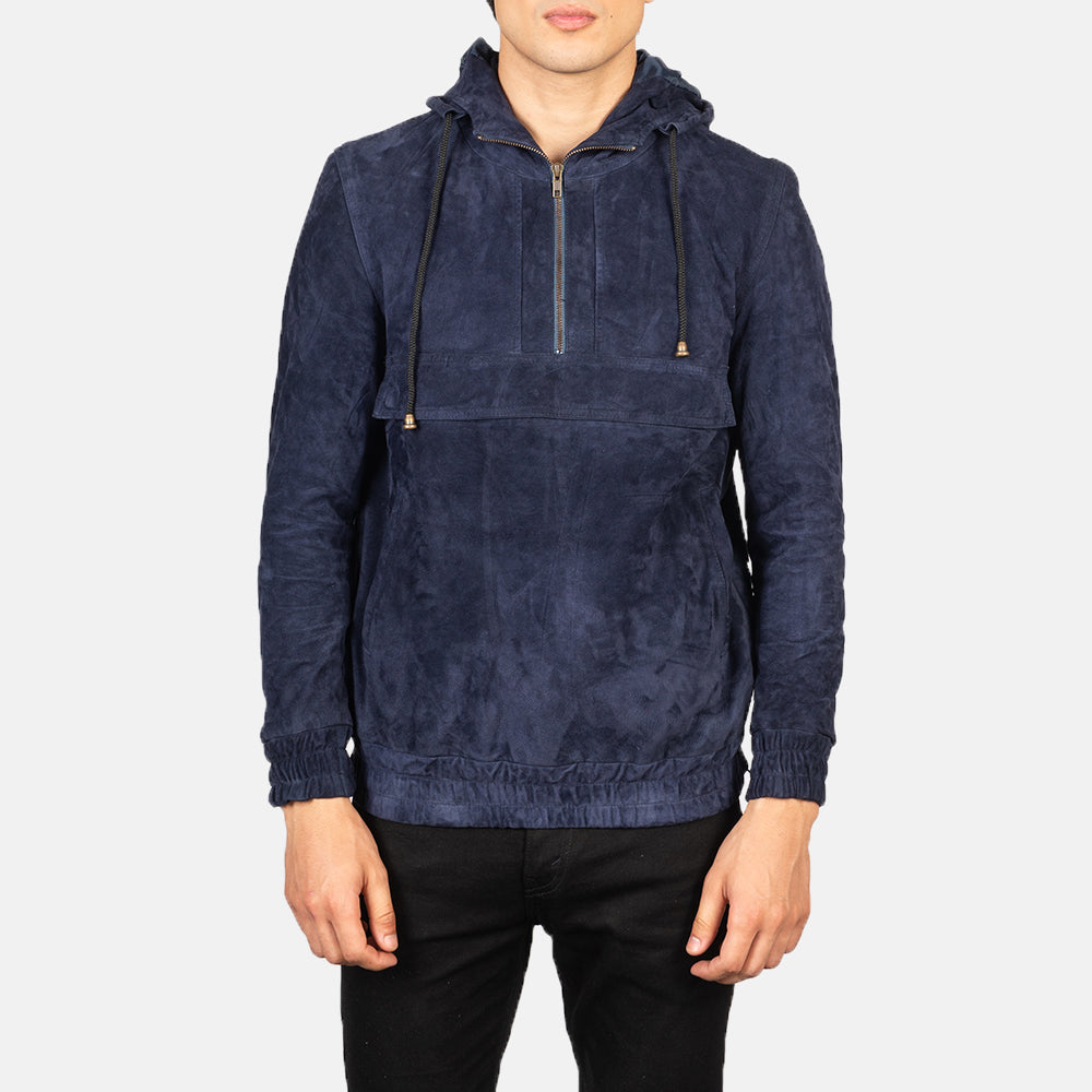 
Tailored Rib Cuffs & Hem Craftsmanship Construction Detail on Kenton Hooded Blue Suede Pullover Jacket