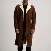 
Kolby Brown Suede Shearling Long Coat in Brown Goatskin Suede - Vooraanzicht & getailleerd silhouet | Online kopen