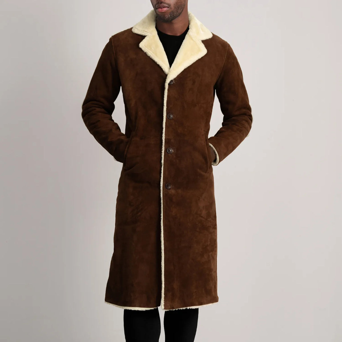 
Detailopname of Notch & Button Hardware on Kolby Brown Suede Shearling Long Coat