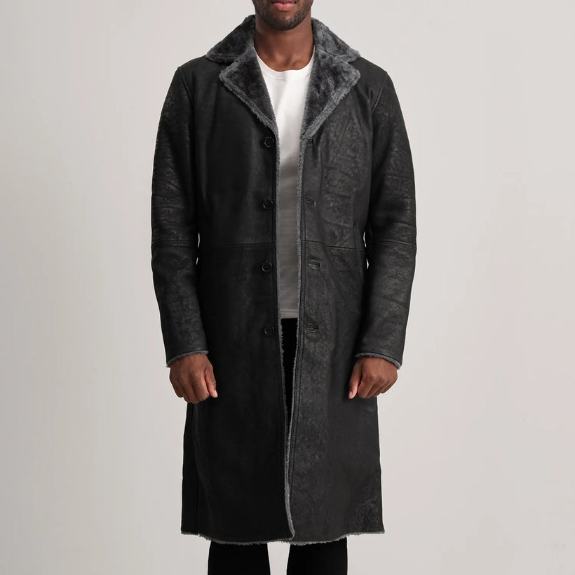 Kolby Distressed Zwart Leather Shearling Leren Jas voor Heren
