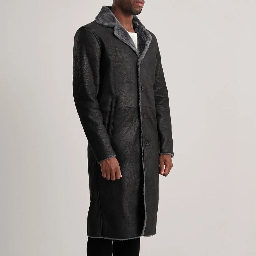 Kolby Distressed Zwart Leather Shearling Leren Jas voor Heren