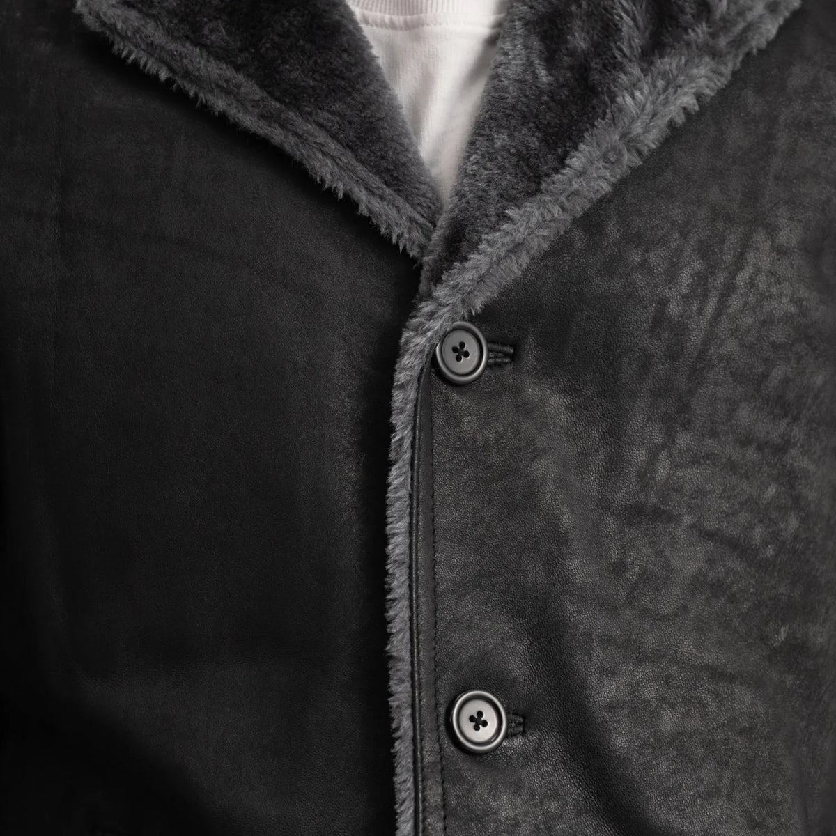 
Detailopname of Notch & Button Hardware on Kolby Distressed Black Shearling Long Coat