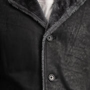 
Detailopname of Notch & Button Hardware on Kolby Distressed Black Shearling Long Coat