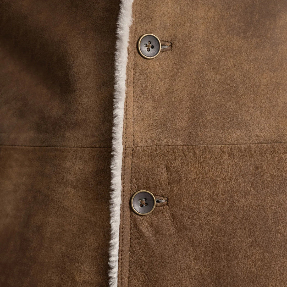 
Detailopname of Notch & Button Hardware on Kolby Distressed Brown Shearling Long Coat