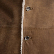 
Detailopname of Notch & Button Hardware on Kolby Distressed Brown Shearling Long Coat