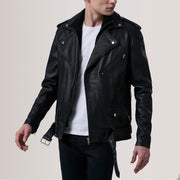 Kole Zwart Leather Double Rider Leren Jas voor Heren For Men in Black Sheepskin Leather - Front Profile View &amp; Tailored Silhouette | Buy Online