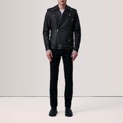 
Distressed Black Sheepskin Snuffed Biker Jacket - Achteraanzicht met getailleerde schouders & strakke zoom