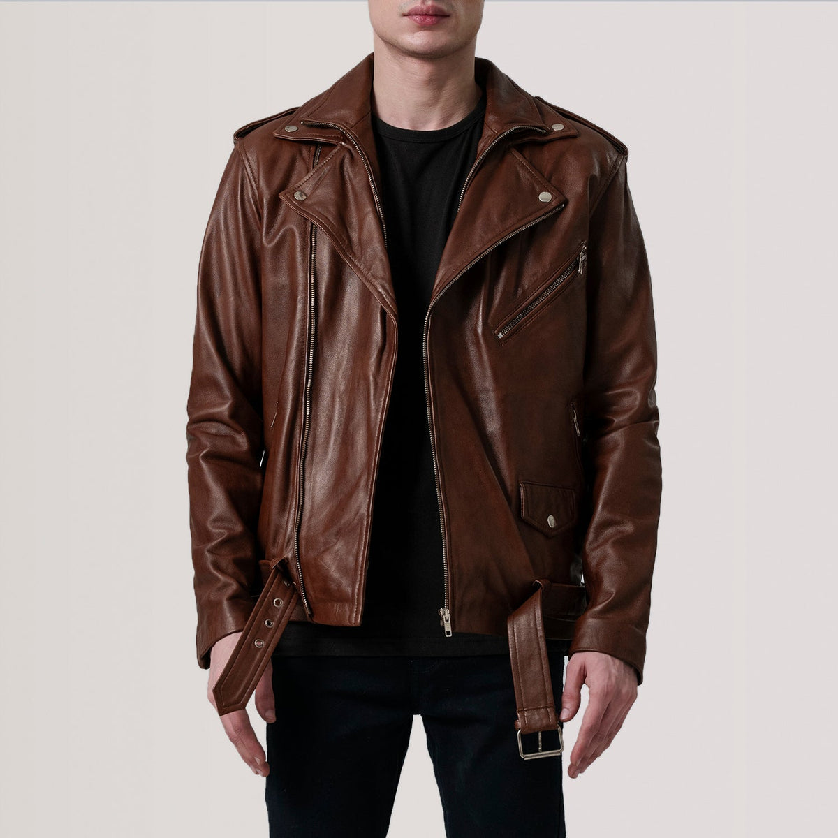 
Kole Waxed Bruin Leather Double Rider Leren Jas voor Heren in Distressed Brown Sheepskin Burnished - Vooraanzicht & getailleerd silhouet | Online kopen