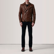 
Distressed Brown Sheepskin Burnished Biker Jacket - Achteraanzicht met getailleerde schouders & strakke zoom