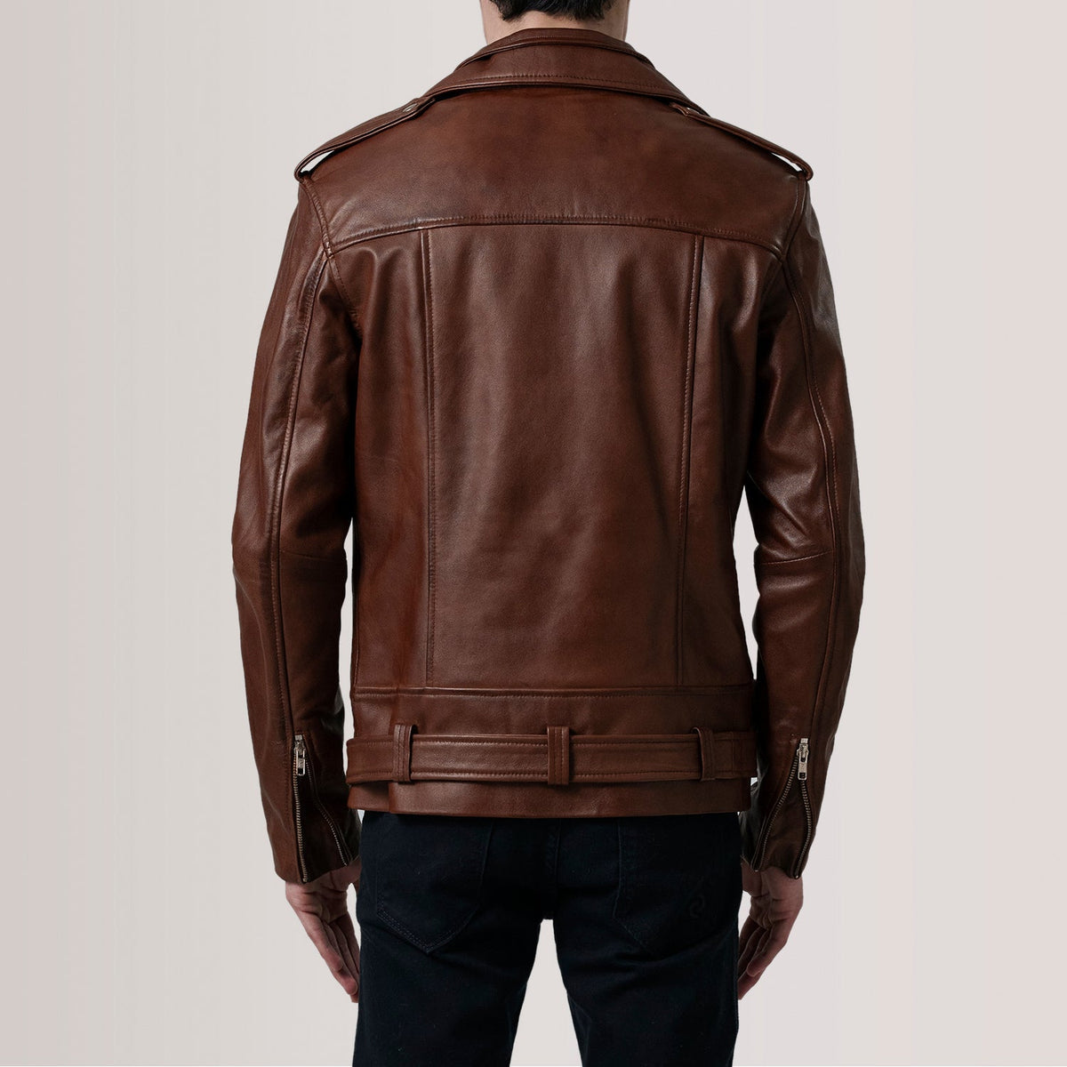 
Detailopname of Notch & Zipper & Waist Straps Hardware on Kole Waxed Bruin Leather Double Rider Leren Jas voor Heren