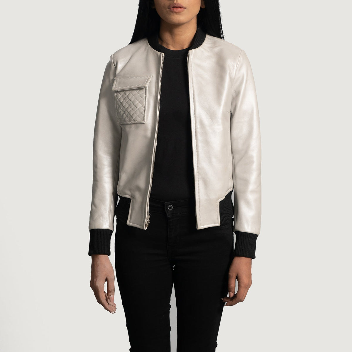 Women's Lana Silver Leren Bomberjack voor Dames in Silver Sheepskin Leather - Front Profile View &amp; Tailored Silhouette | Buy Online