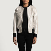 Women's Lana Silver Leren Bomberjack voor Dames in Silver Sheepskin Leather - Front Profile View &amp; Tailored Silhouette | Buy Online