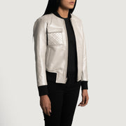 Women's Lana Silver Leren Bomberjack voor Dames - Lateral Side Profile View Showing Sleeve Cut &amp; Athletic Taper Fit