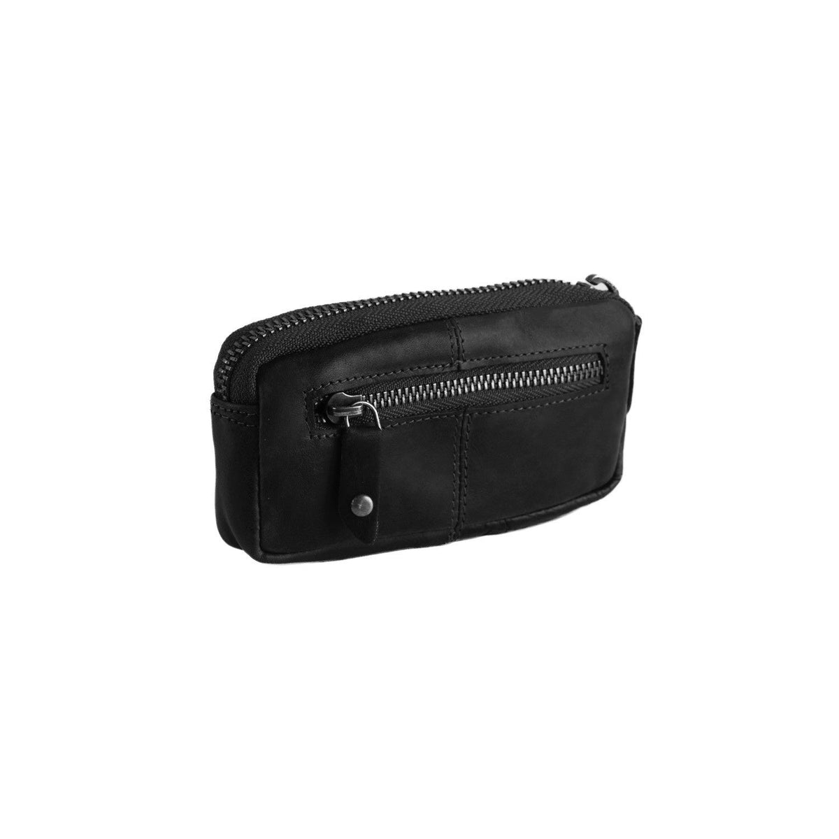 Close-Up Detail of Classic Collar &amp; Heavy-Duty Zipper Hardware on Corey Full-Grain Leather Key Case voor Dames