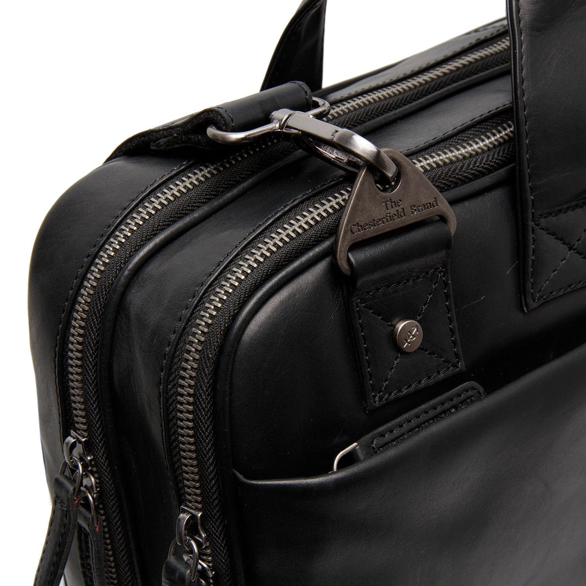Solid Antique Brass Hardware &amp; Heavy-Duty Dual Zipper Detail on Iseo Full-Grain Leather Laptop Bag voor Heren