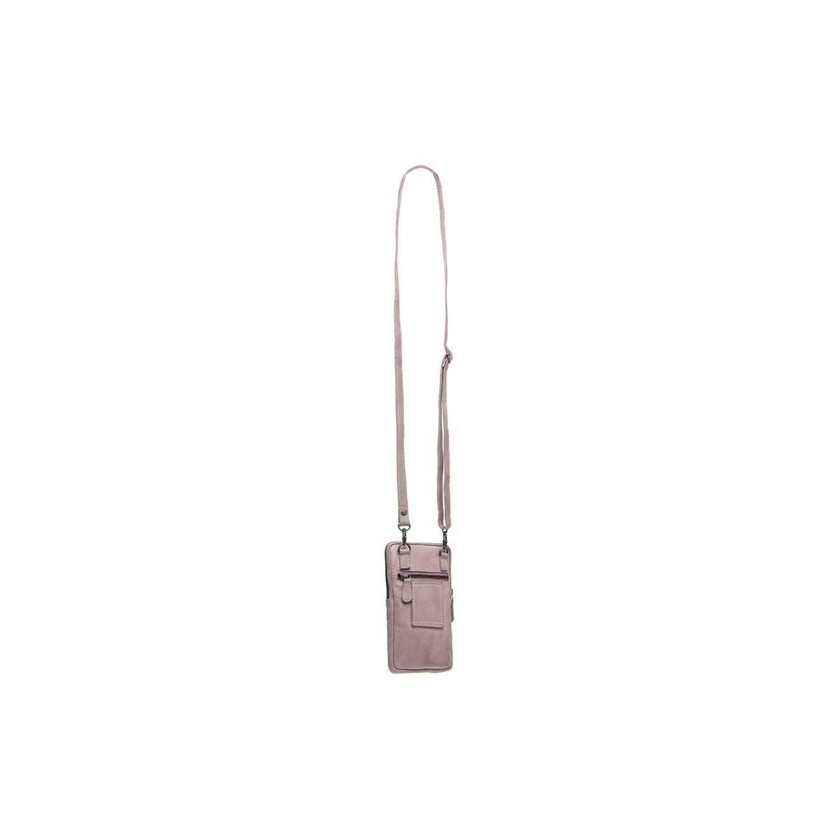 Styled Fit Perspective of Salta Full-Grain Leather Phone Bag voor Dames on Model - Natural Daylight Drape