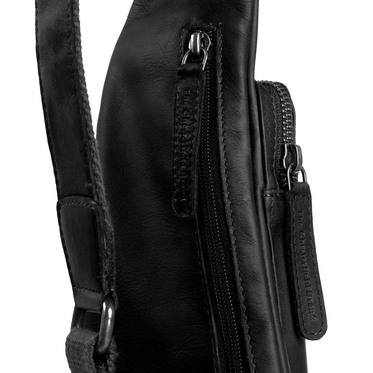 Solid Antique Brass Hardware &amp; Heavy-Duty Dual Zipper Detail on Leather Sling Bag Logan voor Dames