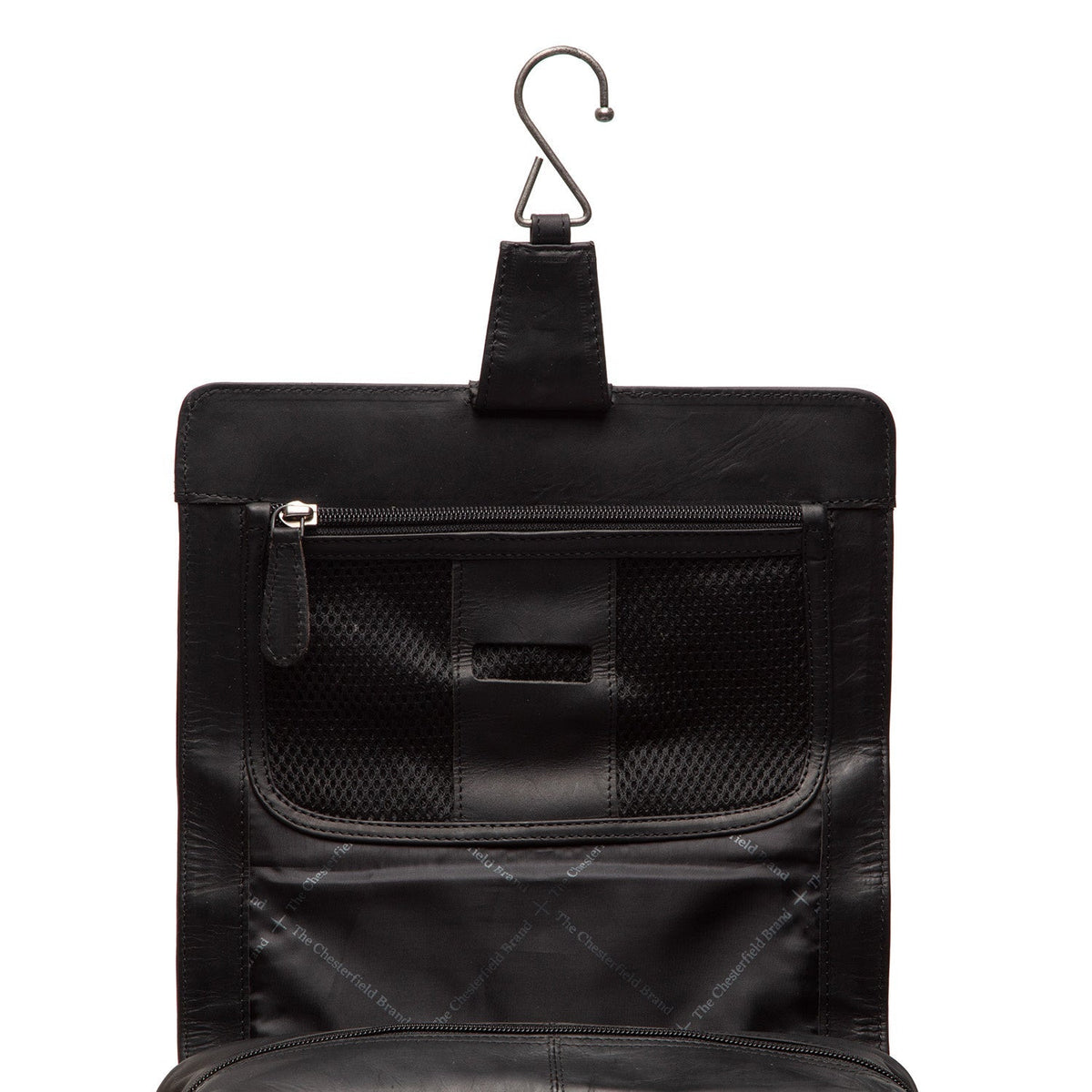 Close-Up Detail of Classic Collar &amp; Heavy-Duty Zipper Hardware on Rosario Full-Grain Leather Toiletry Bag voor Dames