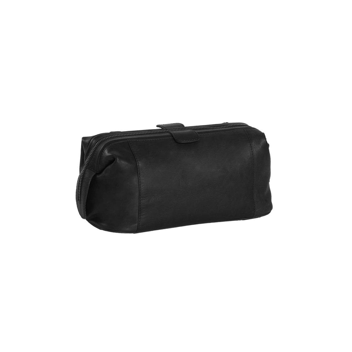 Close-Up Detail of Classic Collar &amp; Heavy-Duty Zipper Hardware on Vince Full-Grain Leather Toiletry Bag voor Dames