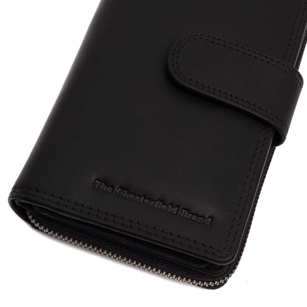 Solid Antique Brass Hardware &amp; Heavy-Duty Dual Zipper Detail on Charlotte Full-Grain Leather Wallet voor Dames