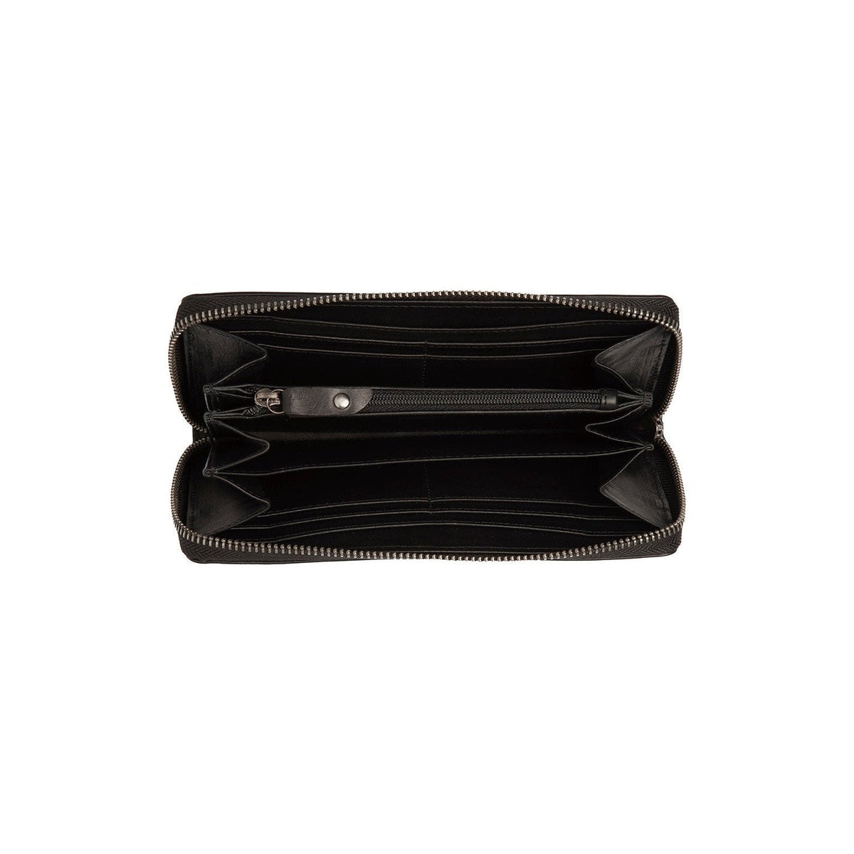 
Solid Antique Brass Hardware & Heavy-Duty Dual Zipper Detail on Livorno Leren portemonnee