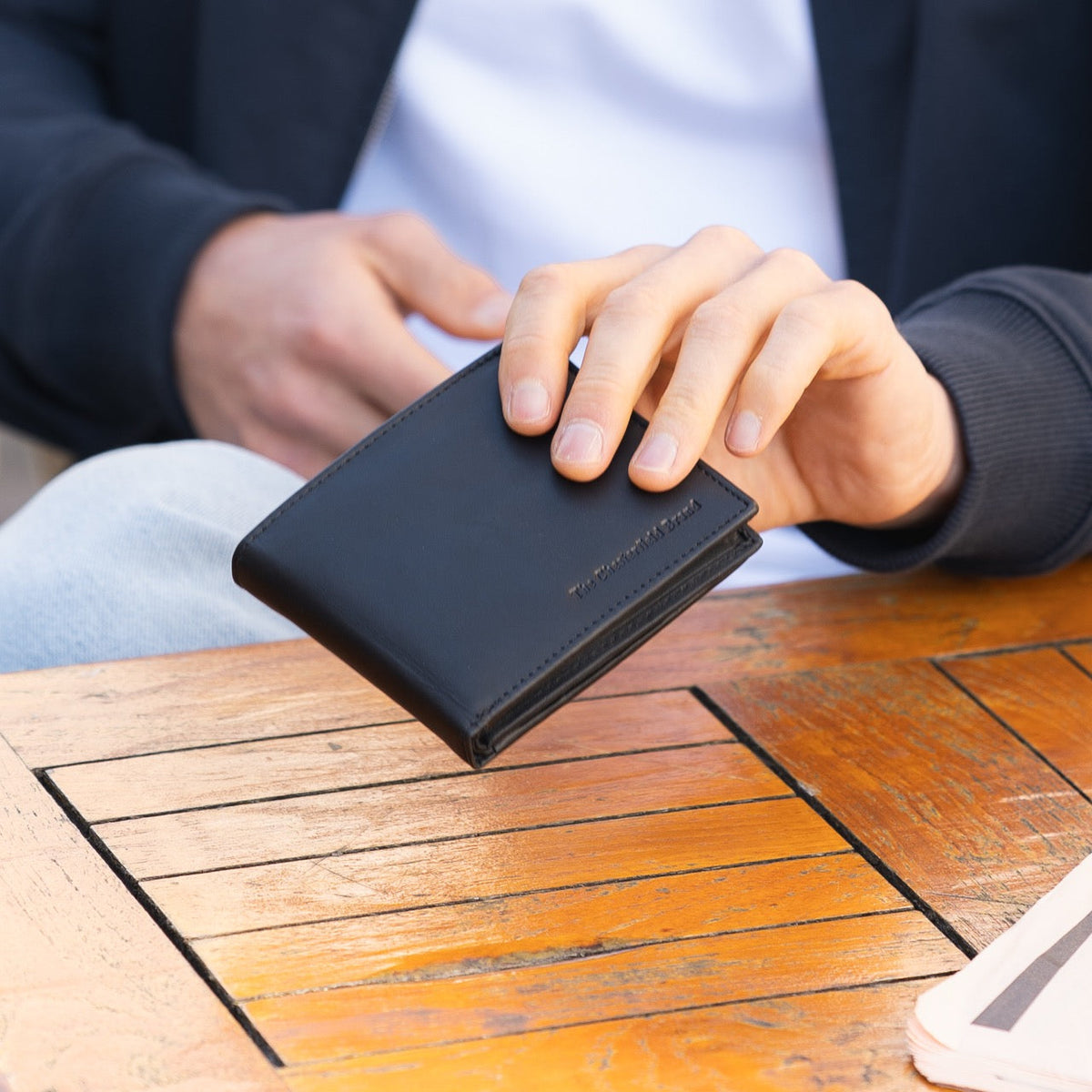 Classic 100% Full-Grain leather Wallet - Rear Perspective Showing Reinforced Leather Straps &amp; Stitching
