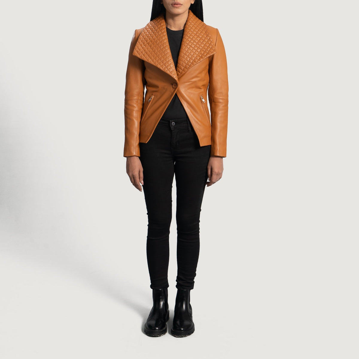 
Detailopname of Notch & Button Hardware on Lee Lichtbruin Bruin Leren Leren Blazer voor Dames