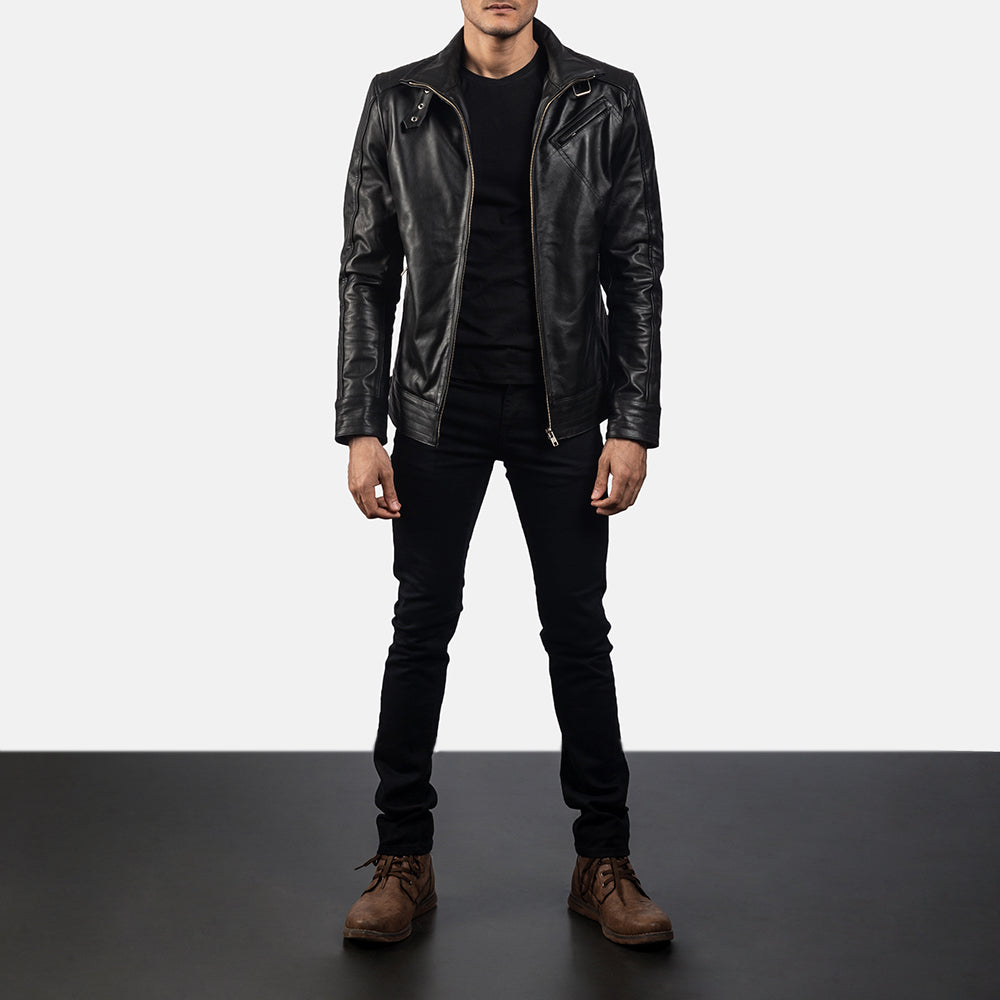 Men's Legacy Zwart Leren Bikerjack voor Heren - Lateral Side Profile View Showing Sleeve Cut &amp; Athletic Taper Fit