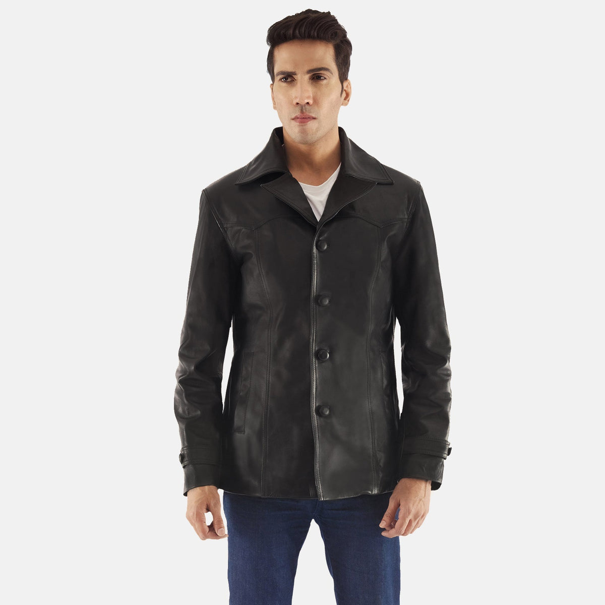 Leo Zwart Leren Jas voor Heren in Black Cowhide Leather - Front Profile View &amp; Tailored Silhouette | Buy Online