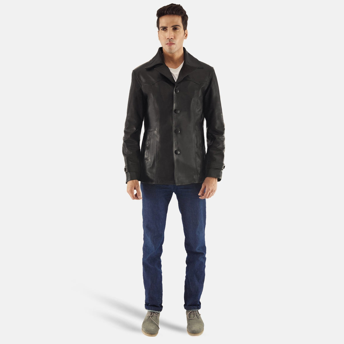 Leo Zwart Leren Jas voor Heren - Lateral Side Profile View Showing Sleeve Cut &amp; Athletic Taper Fit