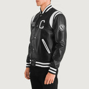 
Black & White Sheepskin Leather Varsity Jacket - Achteraanzicht met getailleerde schouders & strakke zoom