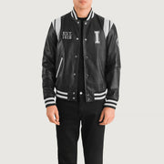 Liberte Illinois Zwart Leather Varsity Leren Jas voor Heren in Black &amp; White Sheepskin Leather - Front Profile View &amp; Tailored Silhouette | Buy Online