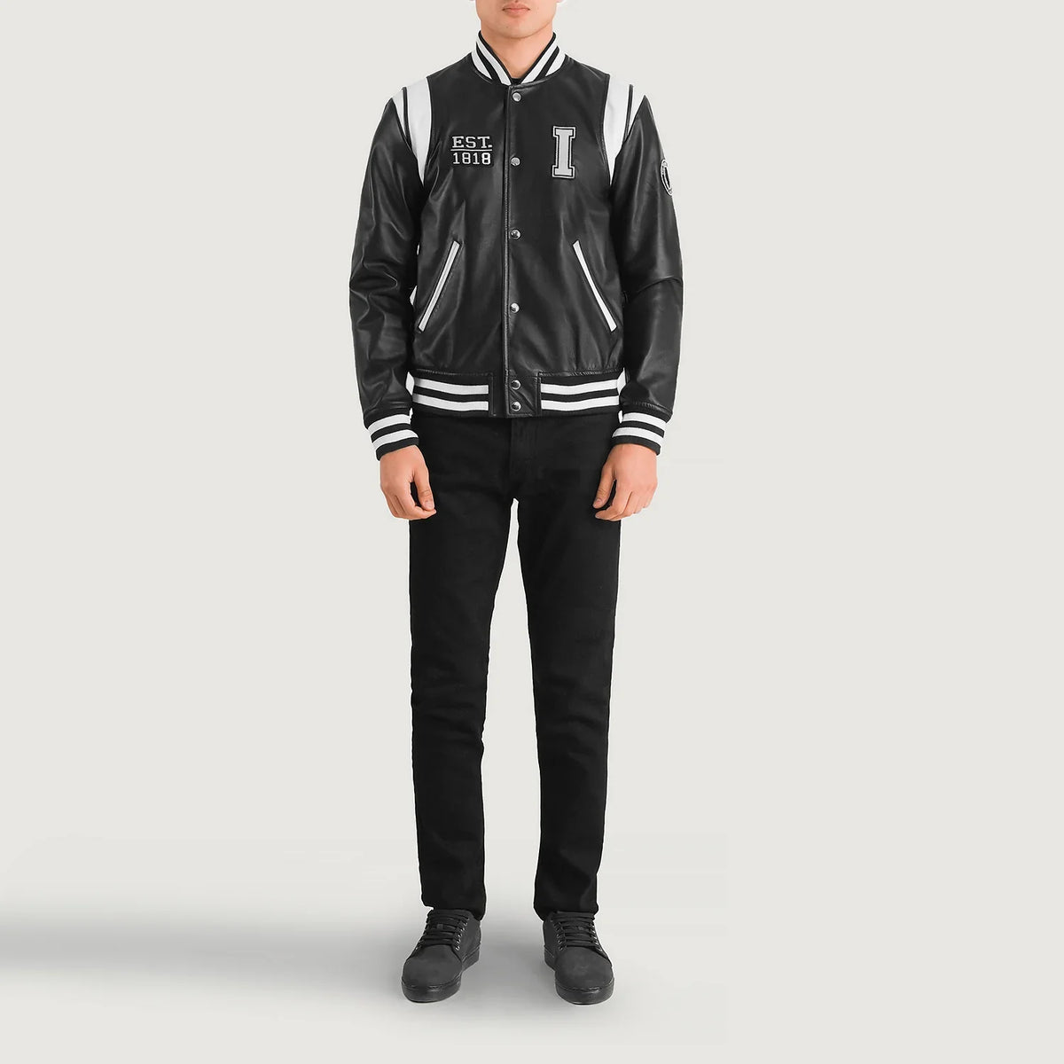 Liberte Illinois Zwart Leather Varsity Leren Jas voor Heren - Lateral Side Profile View Showing Sleeve Cut &amp; Athletic Taper Fit