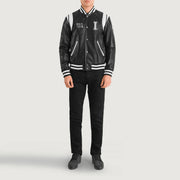 Liberte Illinois Zwart Leather Varsity Leren Jas voor Heren - Lateral Side Profile View Showing Sleeve Cut &amp; Athletic Taper Fit