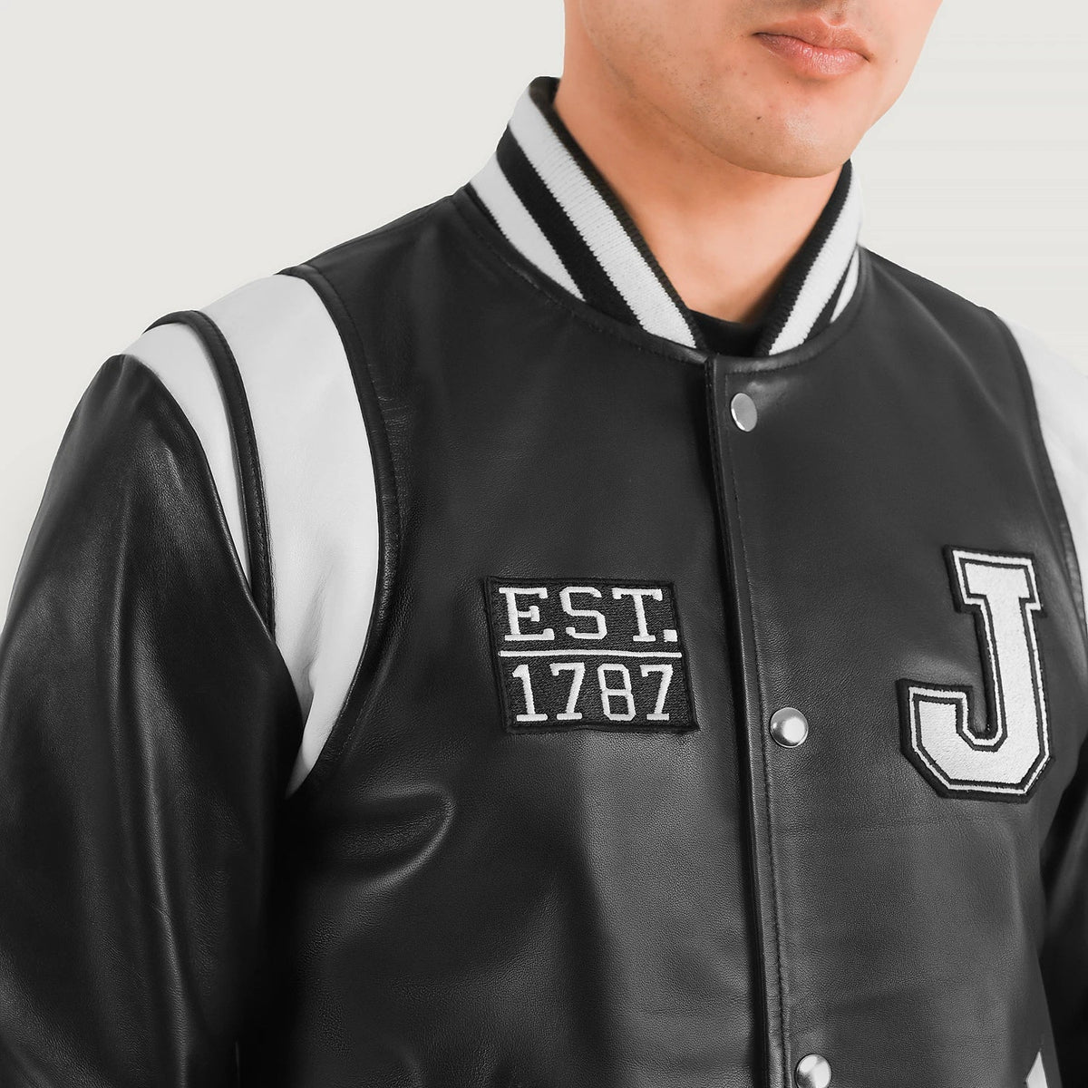 
Detailopname of Varsity & Snap Button Hardware on Liberte New Jersey Zwart Leather Varsity Leren Jas voor Heren