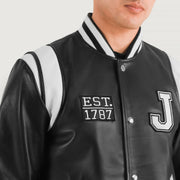 
Detailopname of Varsity & Snap Button Hardware on Liberte New Jersey Zwart Leather Varsity Leren Jas voor Heren