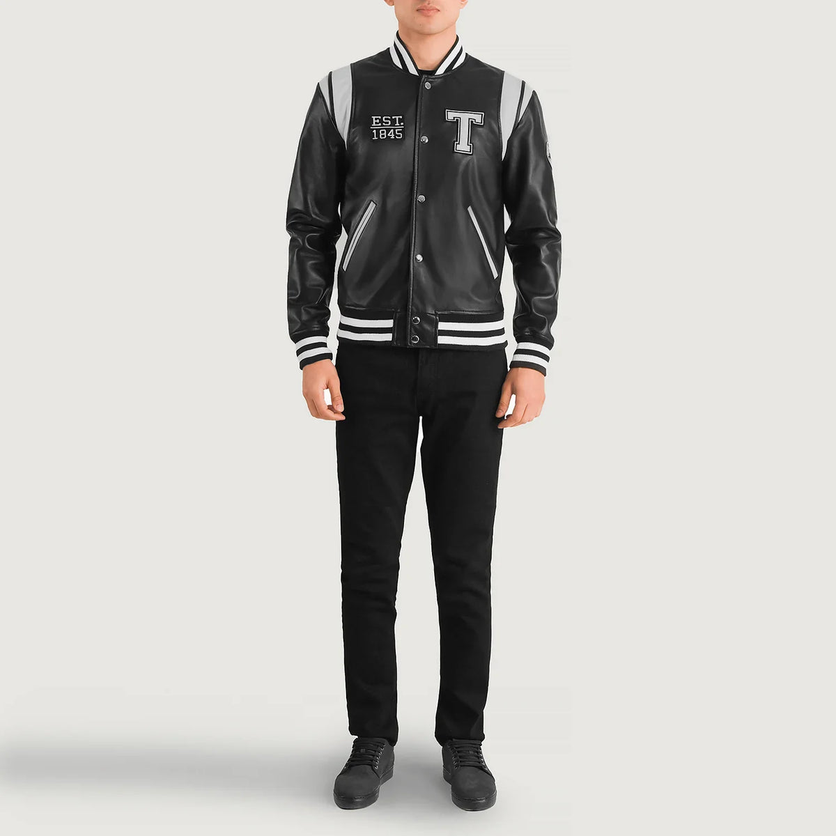 Liberte Texas Zwart Leather Varsity Leren Jas voor Heren - Lateral Side Profile View Showing Sleeve Cut &amp; Athletic Taper Fit
