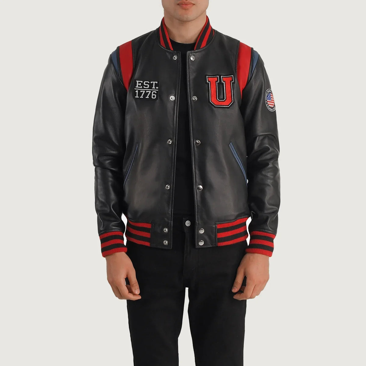 
Liberte USA Black Leather Varsity Jacket in Black Sheepskin Leather - Vooraanzicht & getailleerd silhouet | Online kopen