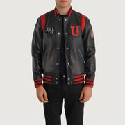 
Liberte USA Black Leather Varsity Jacket in Black Sheepskin Leather - Vooraanzicht & getailleerd silhouet | Online kopen