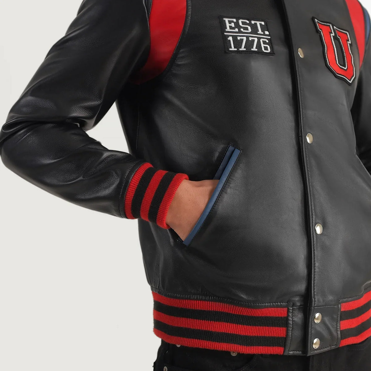 
Detailopname of Varsity & Snap Button Hardware on Liberte USA Black Leather Varsity Jacket