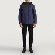 
Luka Zwart & Blauw Hooded Puffer Leren Jas voor Heren - Zijaanzicht met ergonomische mouwsnede