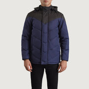 
Detailopname of Classic Collar & Zipper With Velcro Placket Hardware on Luka Zwart & Blauw Hooded Puffer Leren Jas voor Heren