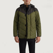 
Luka Zwart & Groen Hooded Puffer Leren Jas voor Heren in Black & Green Full-Grain Leather - Vooraanzicht & getailleerd silhouet | Online kopen