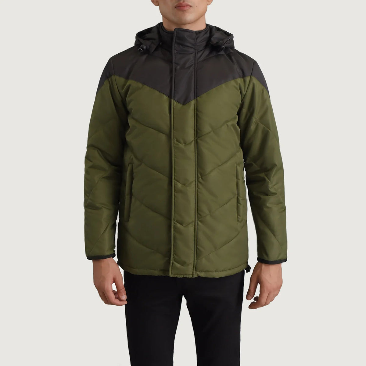 
Detailopname of Classic Collar & Zipper With Velcro Placket Hardware on Luka Zwart & Groen Hooded Puffer Leren Jas voor Heren