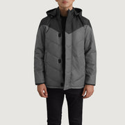 
Luka Zwart & Grey Hooded Puffer Leren Jas voor Heren - Zijaanzicht met ergonomische mouwsnede
